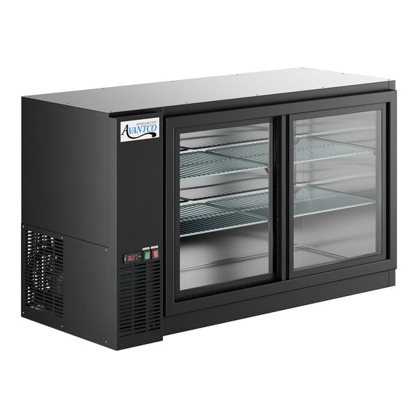 An Avantco black underbar back bar refrigerator with glass sliding doors.