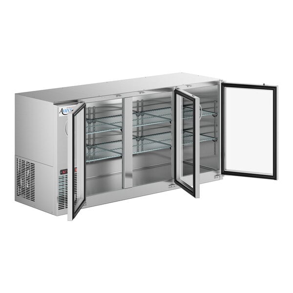 An Avantco stainless steel back bar refrigerator with glass doors.