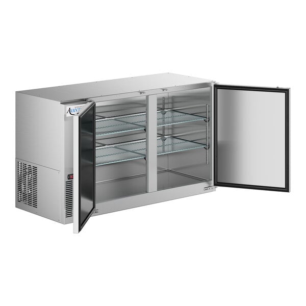 An Avantco stainless steel back bar refrigerator with two solid doors.