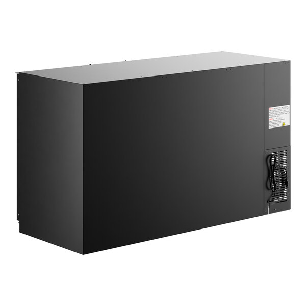 An Avantco black rectangular back bar refrigerator with a glass door open.