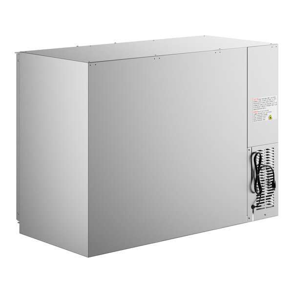 An Avantco stainless steel back bar cooler with a galvanized top and glass doors with LED lighting.