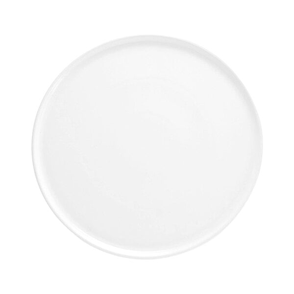 A large, round, bright white porcelain plate with a coupe edge.