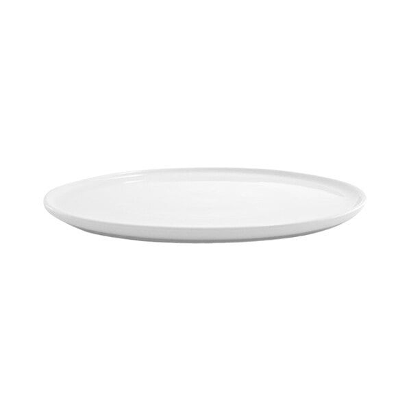 A round, bright white porcelain plate with a coupe design.