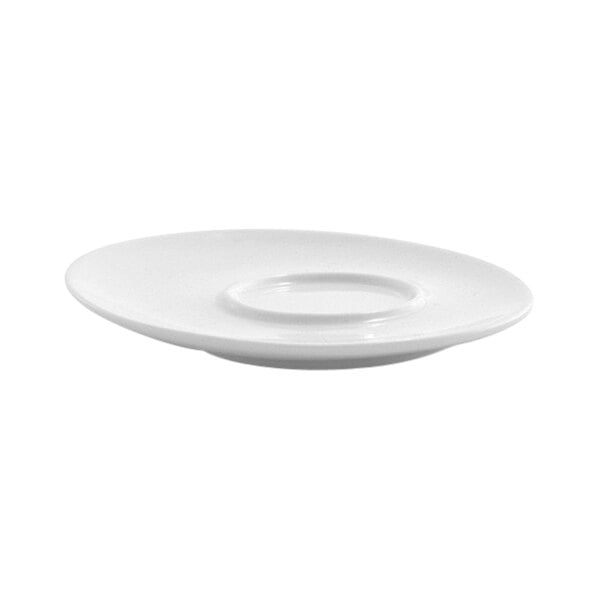 A small, round, bright white porcelain saucer with a slightly raised center, designed for holding a cup.