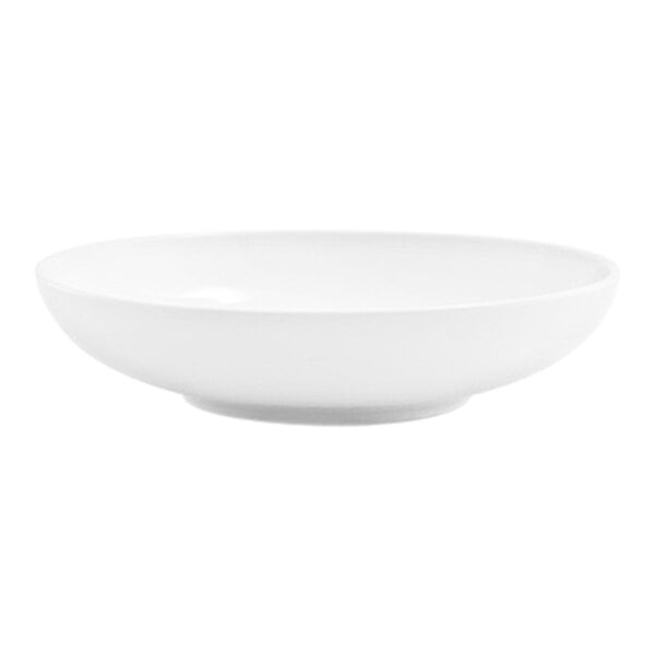 A bright white low round porcelain bowl with a 36 oz. capacity.