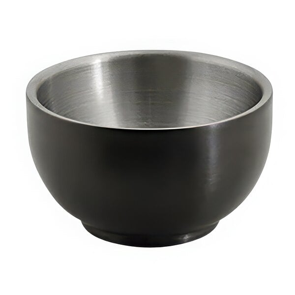 A matte black brushed stainless steel Front of the House ramekin.