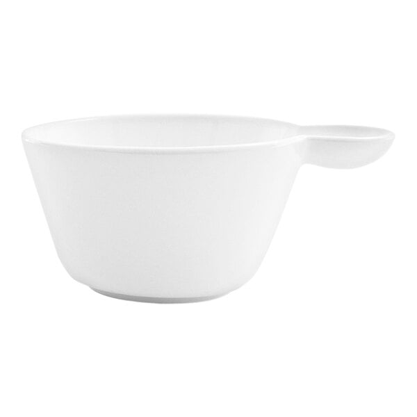 A white porcelain cup with a handle.