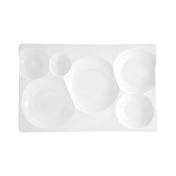 Front of the House Harmony Bento 15 1/2" x 10" Bright White 6-Compartment Rectangular Porcelain Platter - 4/Case