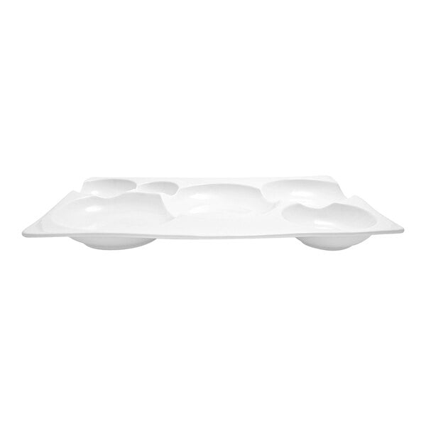 Front of the House Harmony Bento 15 1/2" x 10" Bright White 6-Compartment Rectangular Porcelain Platter - 4/Case