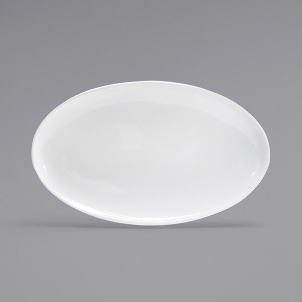 A white oval plate on a white background.