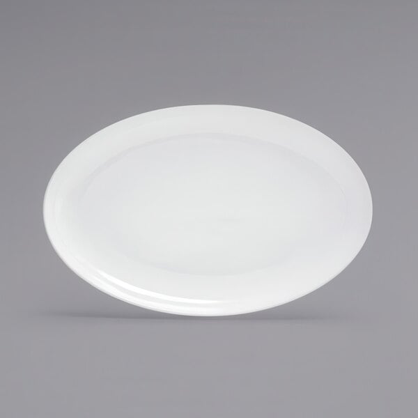 A white oval plate on a white background.