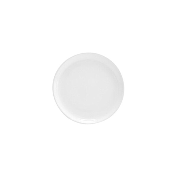 A small, round, bright white porcelain plate.