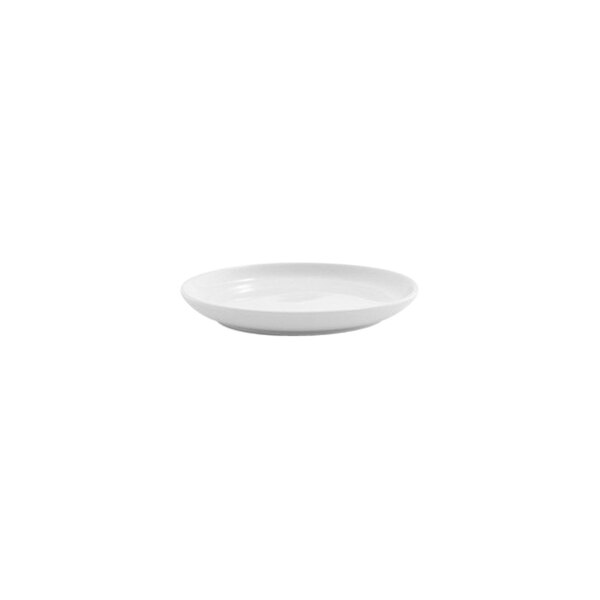 A small, round, bright white porcelain plate.