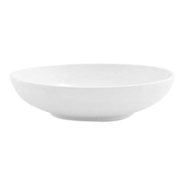 A plain, round, bright white porcelain bowl with a low profile.