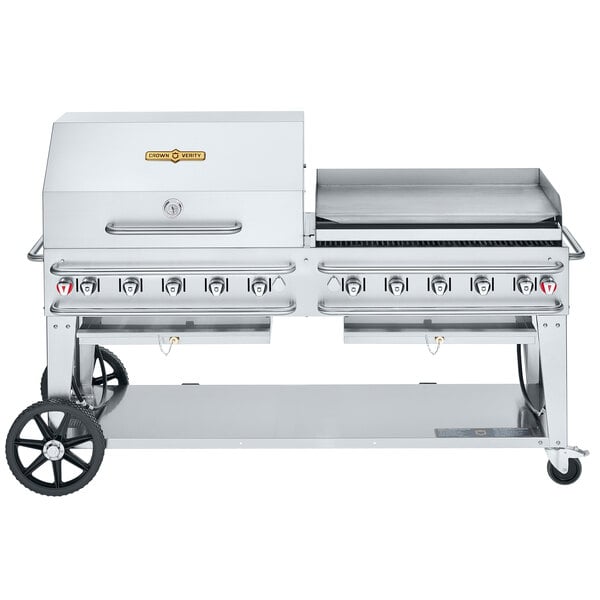 A large stainless steel Crown Verity outdoor grill with two burners.