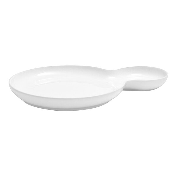 A white porcelain plate with two round compartments, one larger and one smaller, designed for serving food.