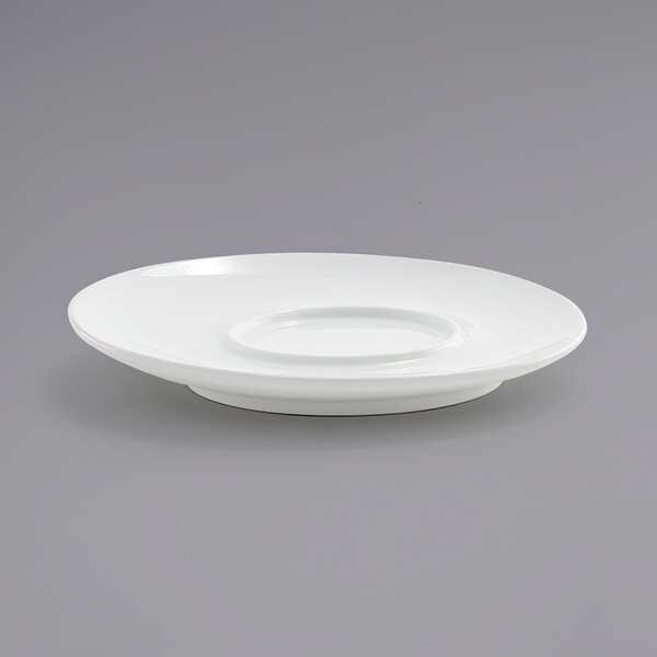 A white plate with a round edge.