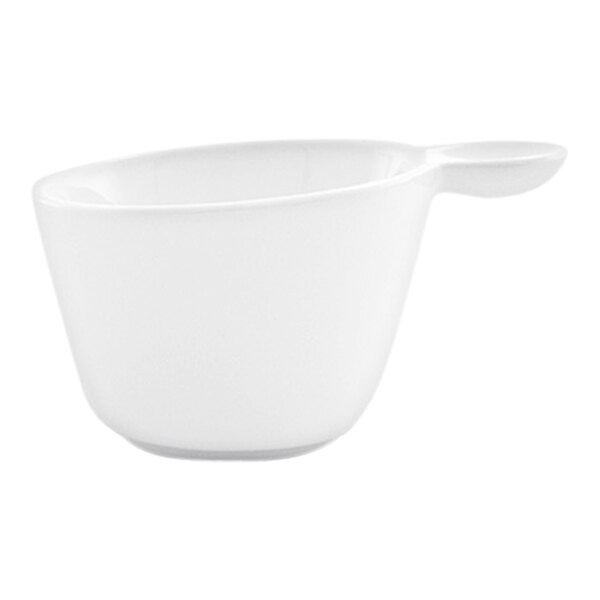 A small bright white porcelain cup with a handle.