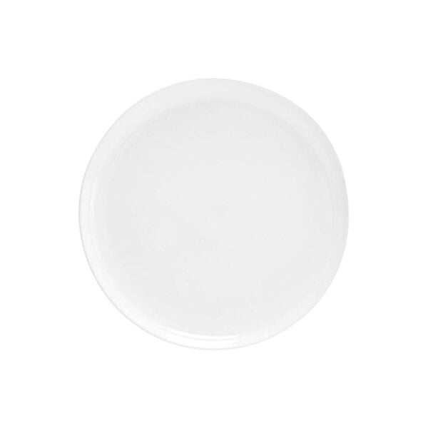 A round, bright white porcelain plate with a coupe design.