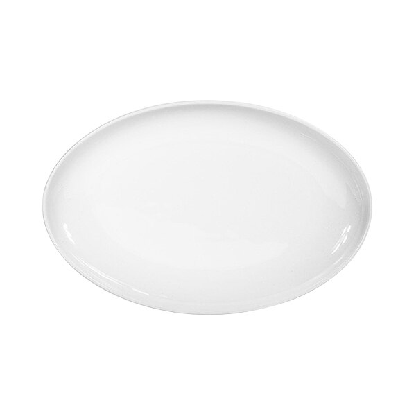 A bright white oval porcelain plate with a coupe design.