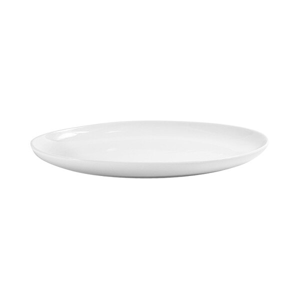 A bright white oval porcelain plate with a coupe design.