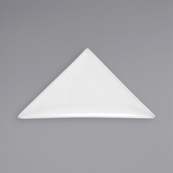 A Front of the House bright white triangle shaped porcelain plate.