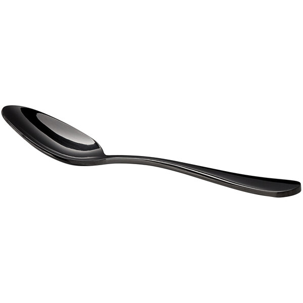 An Acopa Vernon stainless steel demitasse spoon with a black handle.