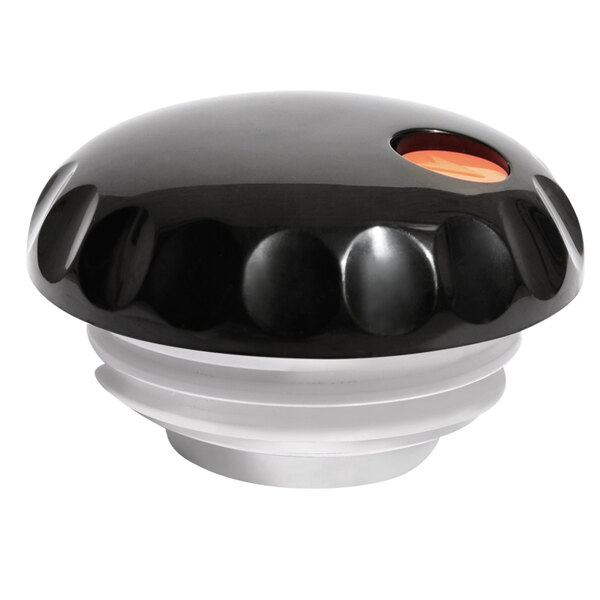 A black and white round lid with a black plastic knob on top.