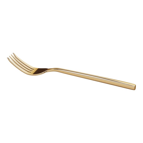 A gold-colored metal fork with a sleek, modern design is shown against a white background.