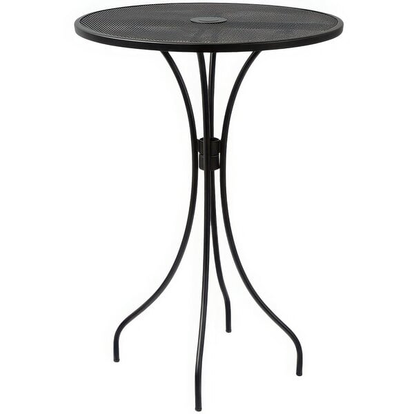 A BFM Seating black metal table with a round top.