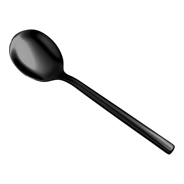 A black, shiny metal spoon with a rounded bowl and a straight handle, shown on a white background.
