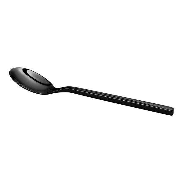 A black, shiny bouillon spoon with a round bowl and a straight handle, shown on a white background.