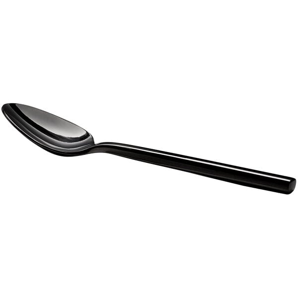 An Acopa Phoenix stainless steel teaspoon with a black handle.