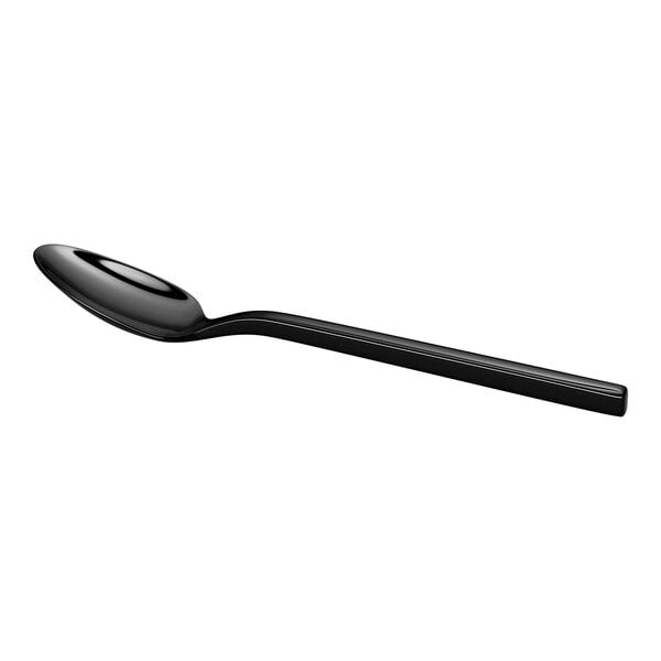 A black, shiny metal teaspoon with a simple, modern design is shown against a white background.