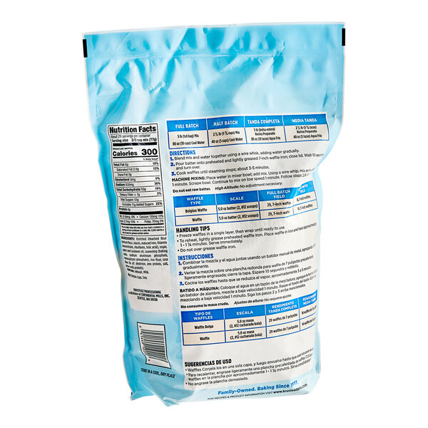 A blue bag of Krusteaz Professional Belgian Waffle Mix with white text and blue text.