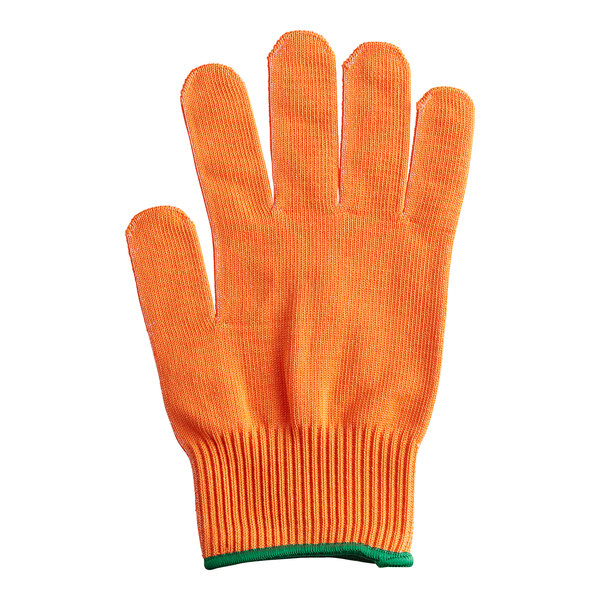 An orange Mercer Culinary A4 level cut-resistant glove with a green band.