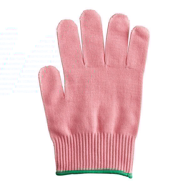 A pink glove with a green band.