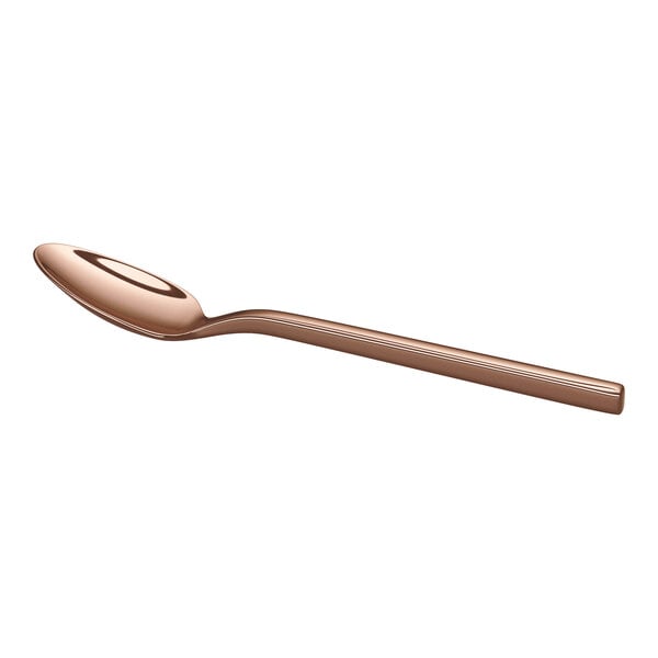 A rose gold-colored metal teaspoon with a simple, modern design, shown on a white background.