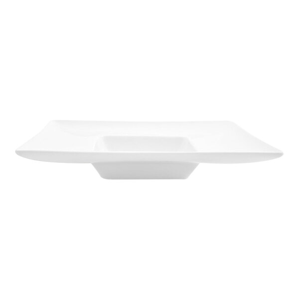 A bright white wide rim square porcelain bowl with an 8 oz. capacity.