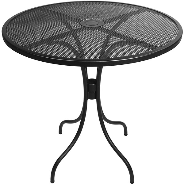 A round black BFM Seating metal table with a mesh top.