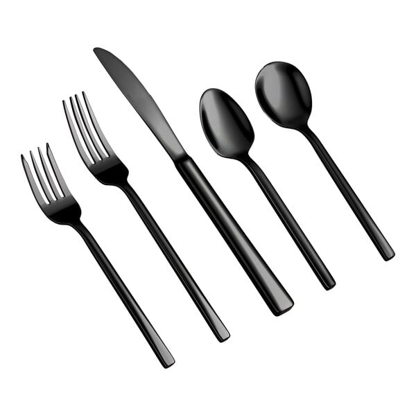 A set of five black utensils, including two forks, a knife, and two spoons, arranged side by side on a white background.