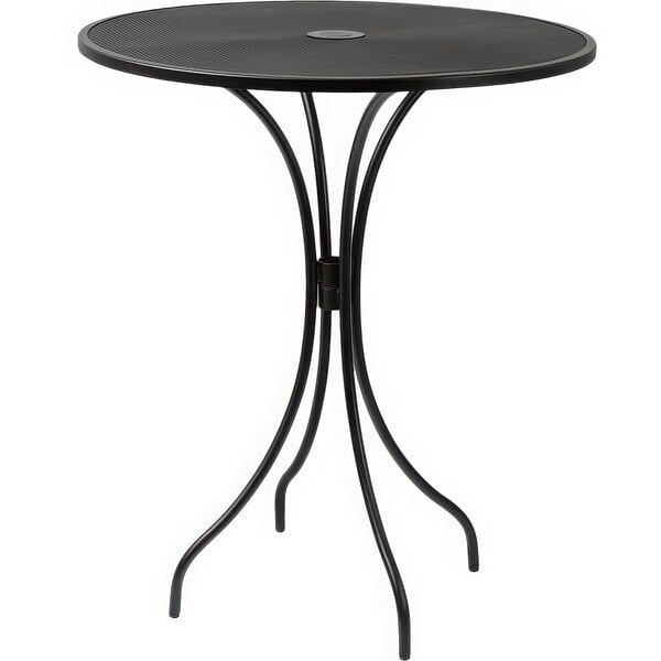 A BFM Seating black steel table with a round top.