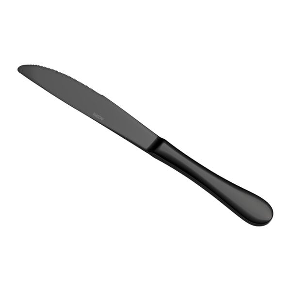 A black, stainless steel dinner knife with a slightly serrated edge and a smooth, rounded handle.