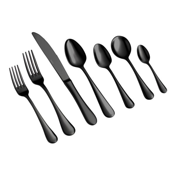 A set of seven black utensils, including two forks, a knife, and four spoons, arranged in a row on a white background.