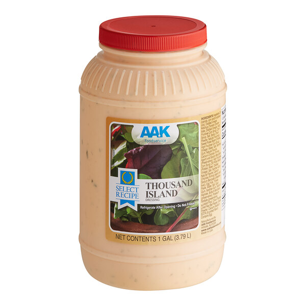 A plastic container of AAK Select Recipe Thousand Island Dressing with a label.