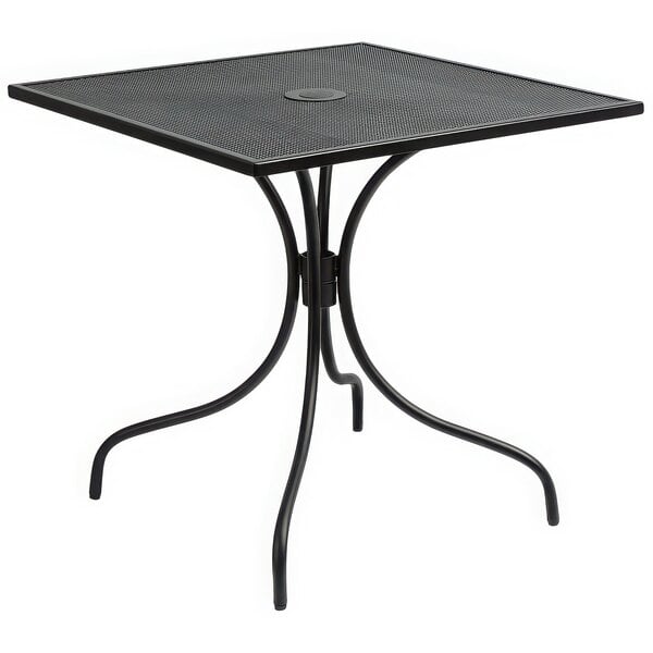 A BFM Seating black steel table with a square top.