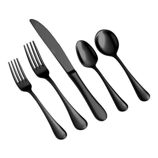 Five pieces of black, shiny flatware including two forks, a knife, and two spoons, arranged side by side on a white background.