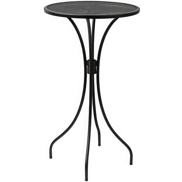 A BFM Seating black steel bar height table with a round top on a black metal stand.