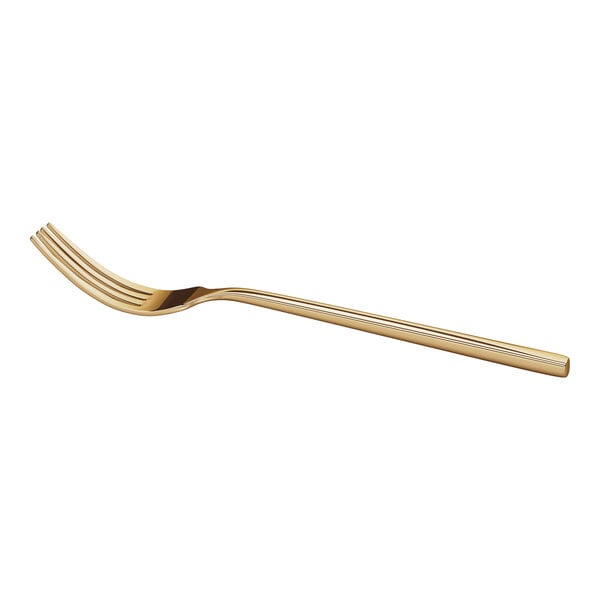 A gold-colored dinner fork with a sleek, modern design is shown against a white background.