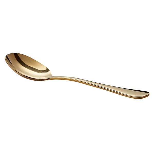 An Acopa Vernon gold stainless steel bouillon spoon with a long handle.